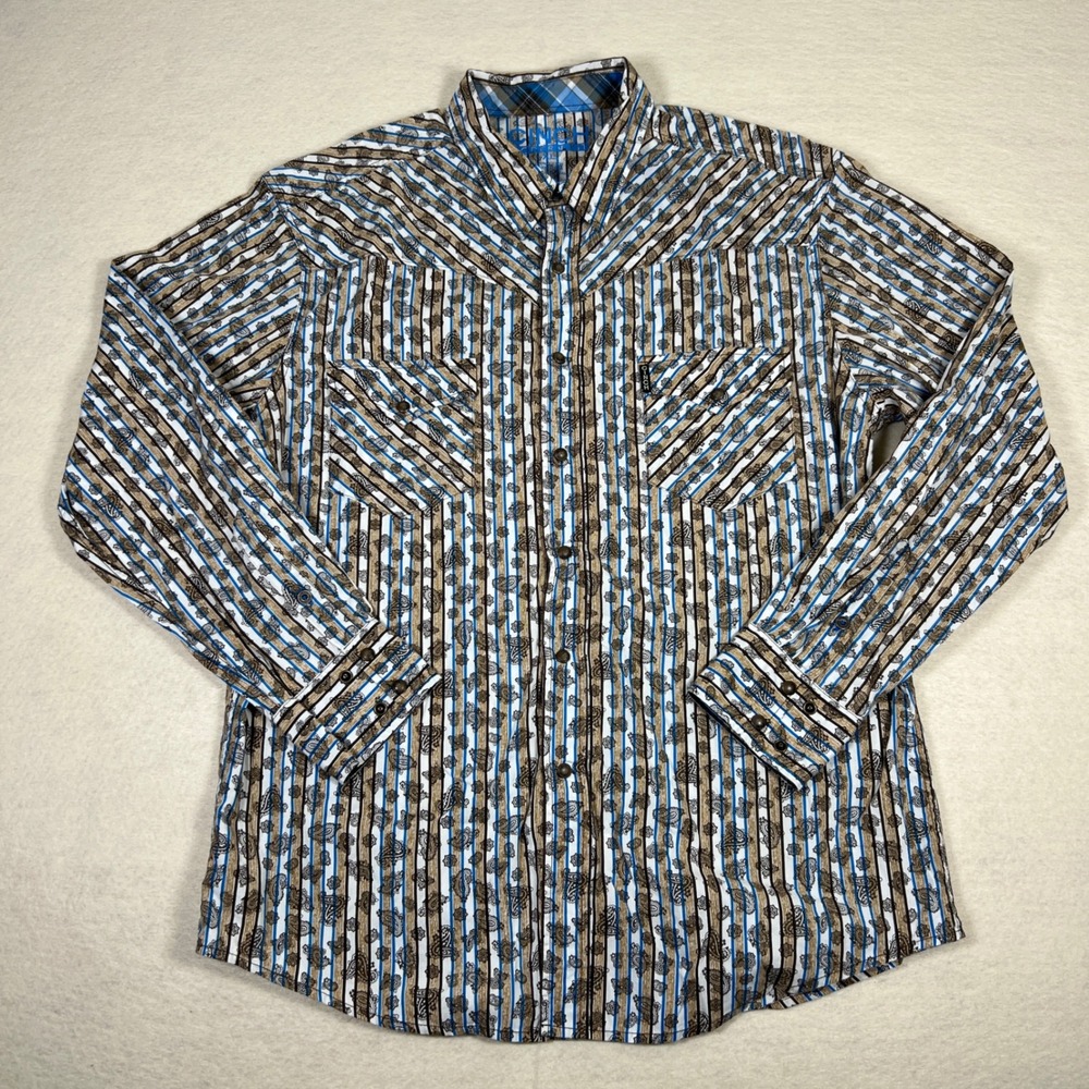 Cinch Pearl Snap Western Shirt Mens XL Modern Fit Blue Brown Paisley Stripe Rode
